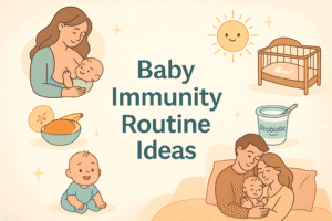 Illustration showing baby immunity-boosting routines like breastfeeding, sunlight, probiotics, healthy food, and parental affection.