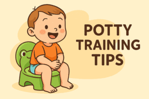 baby girl sitting on frog-shaped potty chair during toilet training