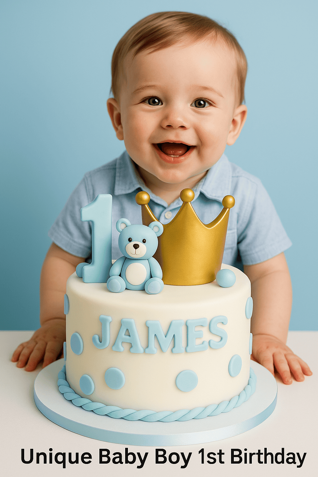 Teddy bear themed unique baby boy 1st birthday cake with pastel blue and white design