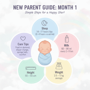 Infographic showing 1 month old baby care tips including sleep hours, milk intake, average weight, height, and newborn care routine.